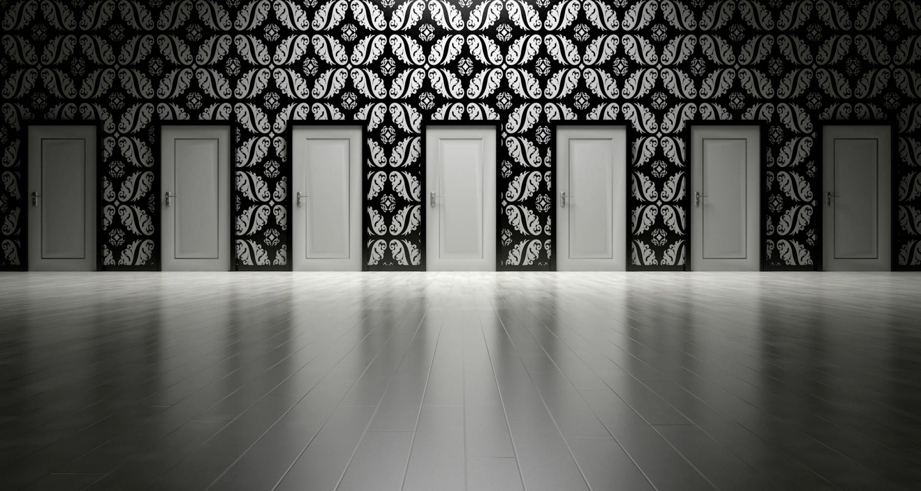 Category creator vs category entrant — featured Five closed doors in a black and white ornate hallway, symbolising the choice between different brand briefs.